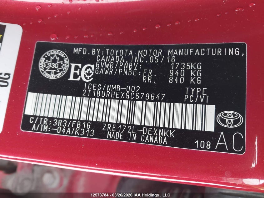 2016 Toyota Corolla VIN: 2T1BURHEXGC679647 Lot: 12573784