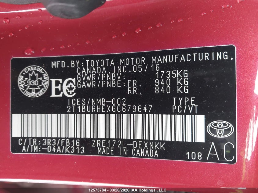 2016 Toyota Corolla VIN: 2T1BURHEXGC679647 Lot: 12573784