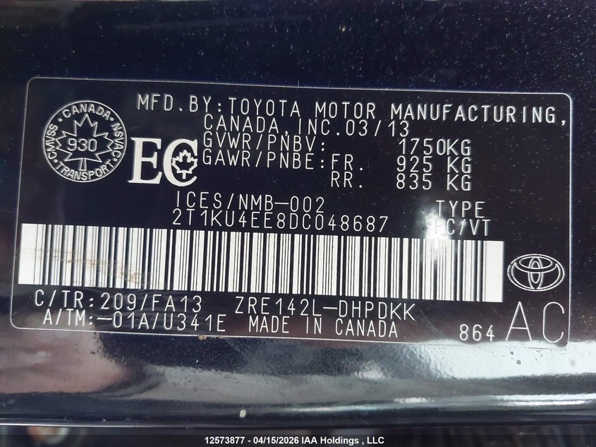 2013 Toyota Corolla Matrix VIN: 2T1KU4EE8DC048687 Lot: 12573877