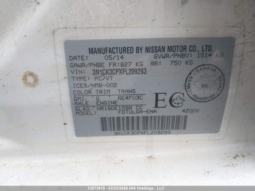 2015 Nissan Micra VIN: 3N1CK3CPXFL209293 Lot: 12573919