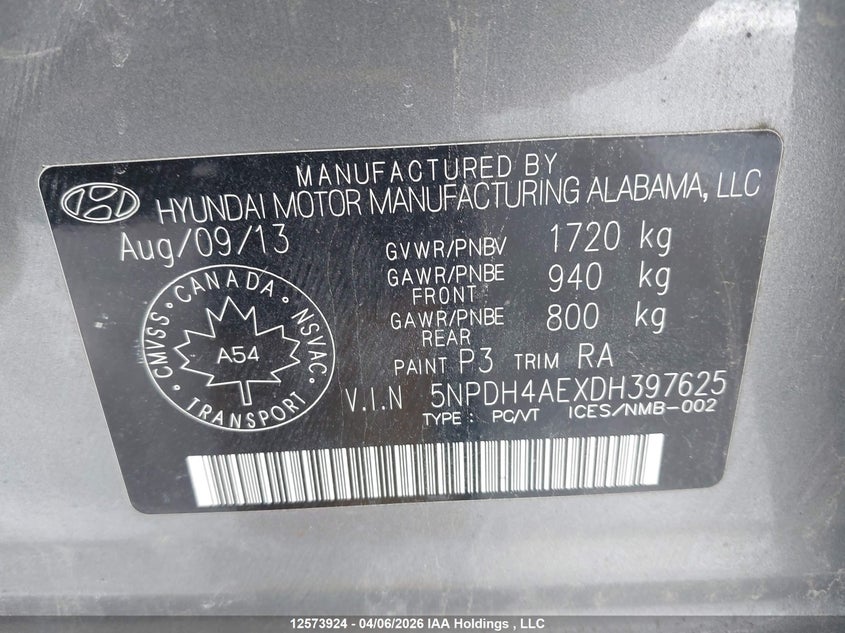 2013 Hyundai Elantra Gl VIN: 5NPDH4AEXDH397625 Lot: 12573924