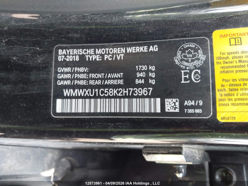 2019 Mini Cooper VIN: WMWXU1C58K2H73967 Lot: 12573961