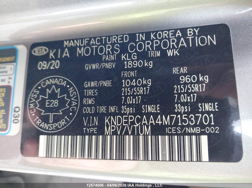 2021 Kia Seltos VIN: KNDEPCAA4M7153701 Lot: 12574006