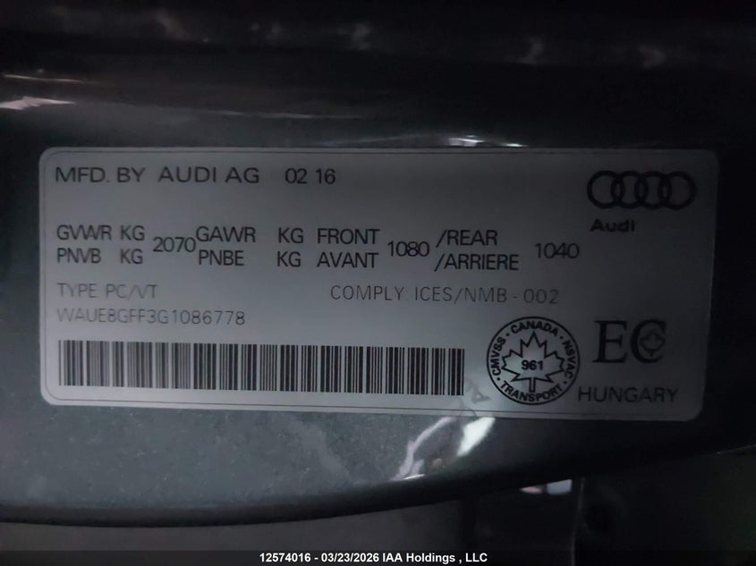 2016 Audi A3 Premium Plus VIN: WAUE8GFF3G1086778 Lot: 12574016