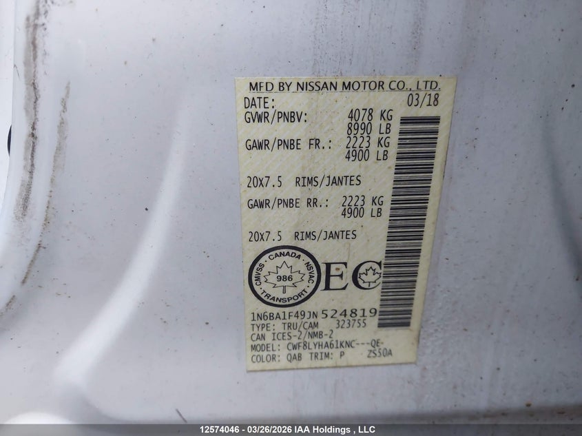 2018 Nissan Titan Xd Platinum Reserve/Pro-4X/S/Sv VIN: 1N6BA1F49JN524819 Lot: 12574046