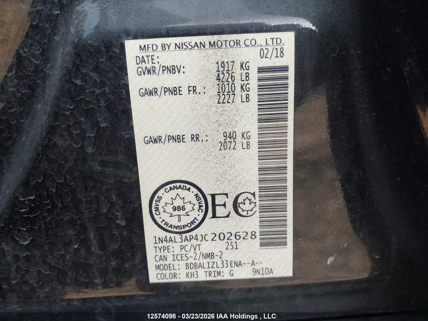 2018 Nissan Altima 2.5 S/2.5 Sl Tech/2.5 Sv VIN: 1N4AL3AP4JC202628 Lot: 12574098
