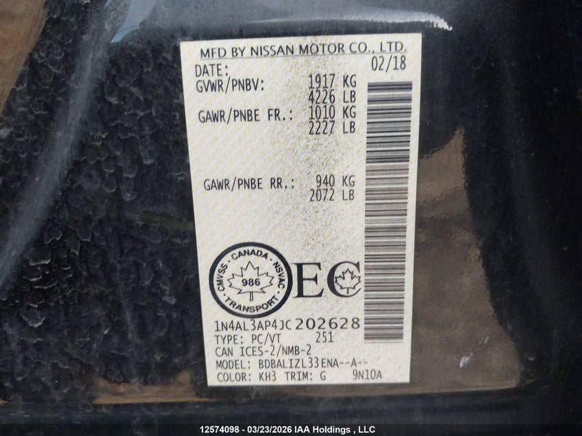 2018 Nissan Altima 2.5 S/2.5 Sl Tech/2.5 Sv VIN: 1N4AL3AP4JC202628 Lot: 12574098