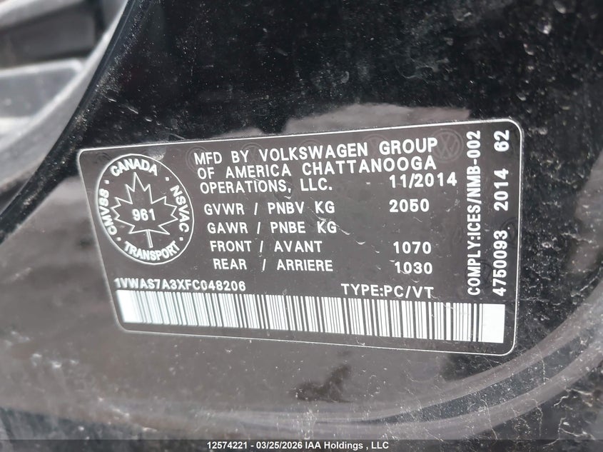 2015 Volkswagen Passat 1.8 Tsi Trendline VIN: 1VWAS7A3XFC048206 Lot: 12574221