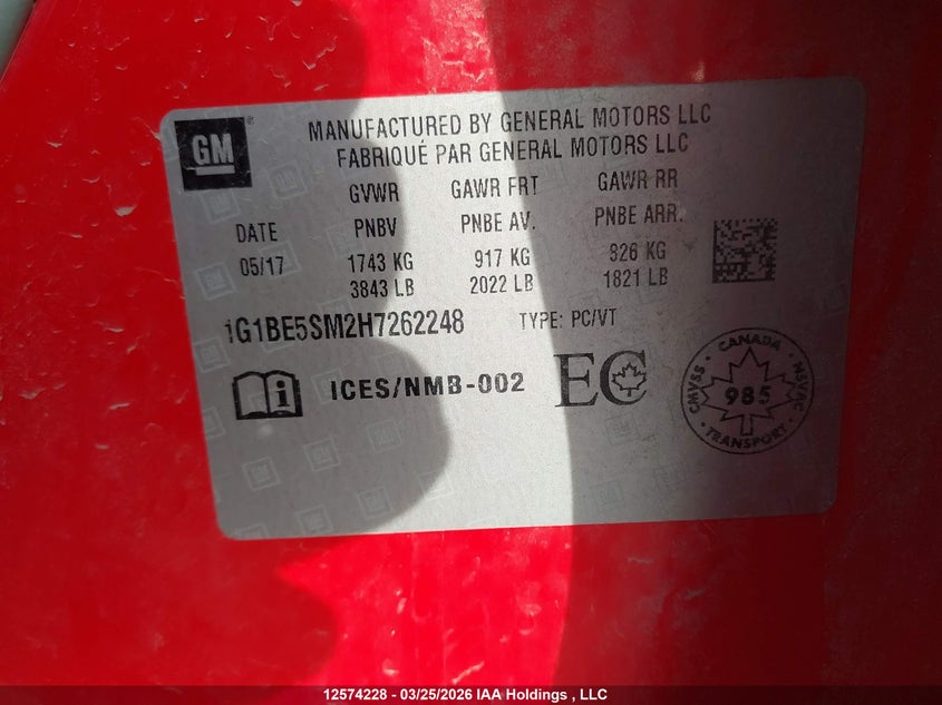 2017 Chevrolet Cruze Lt VIN: 1G1BE5SM2H7262248 Lot: 12574228