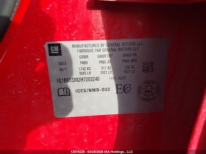 2017 Chevrolet Cruze Lt VIN: 1G1BE5SM2H7262248 Lot: 12574228