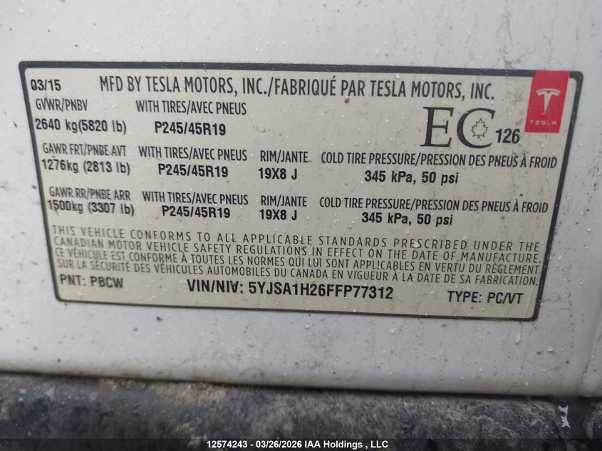 2015 Tesla Model S 85D VIN: 5YJSA1H26FFP77312 Lot: 12574243
