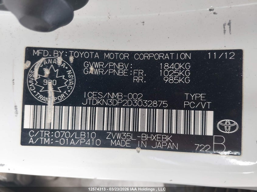 2013 Toyota Prius Plug-In VIN: JTDKN3DP2D3032875 Lot: 12574313