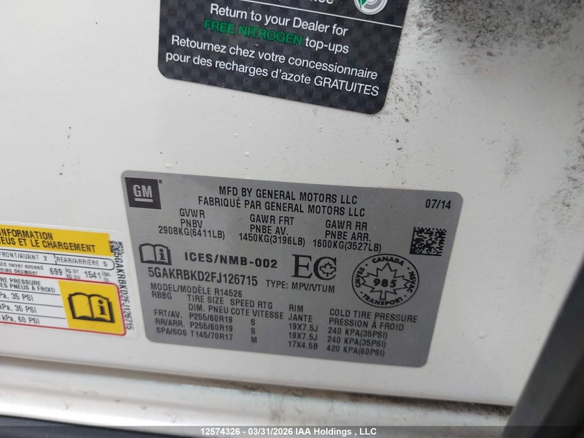 2015 Buick Enclave VIN: 5GAKRBKD2FJ126715 Lot: 12574326