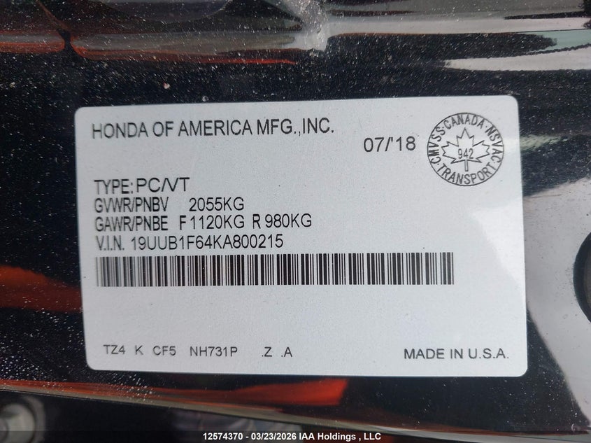 2019 Acura Tlx Technology/A-Spec VIN: 19UUB1F64KA800215 Lot: 12574370