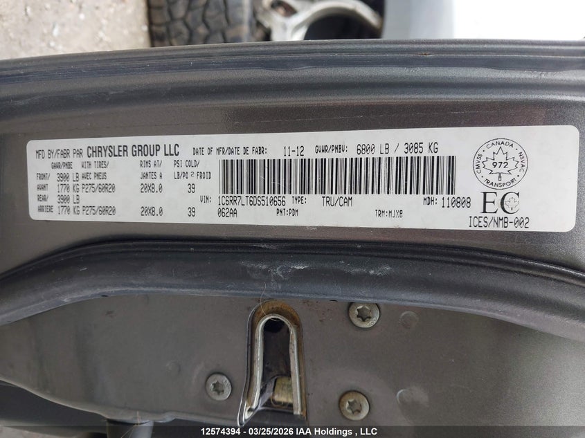 2013 Dodge Ram 1500 VIN: 1C6RR7LT6DS510656 Lot: 12574394