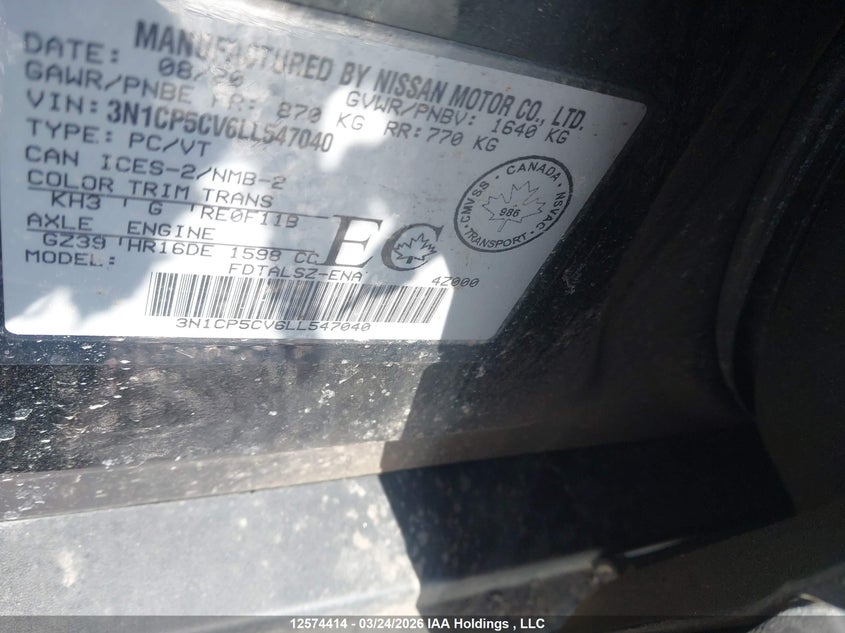 2020 Nissan Kicks Sv VIN: 3N1CP5CV6LL547040 Lot: 12574414