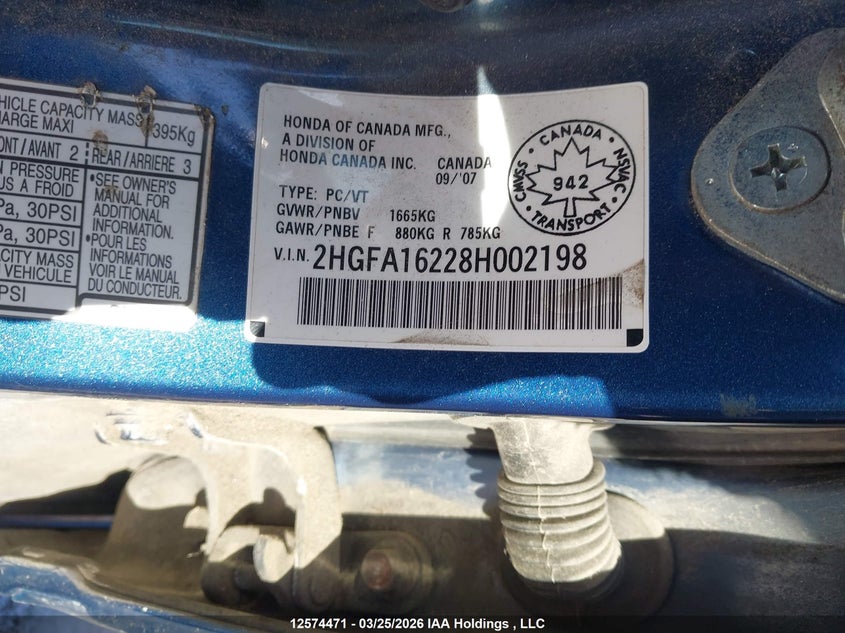 2008 Honda Civic VIN: 2HGFA16228H002198 Lot: 12574471