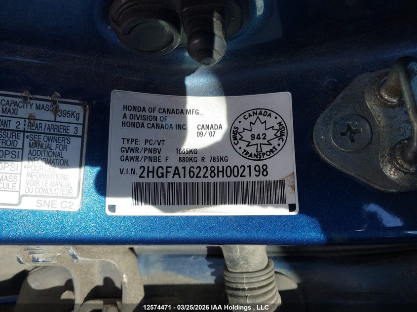 2008 Honda Civic VIN: 2HGFA16228H002198 Lot: 12574471