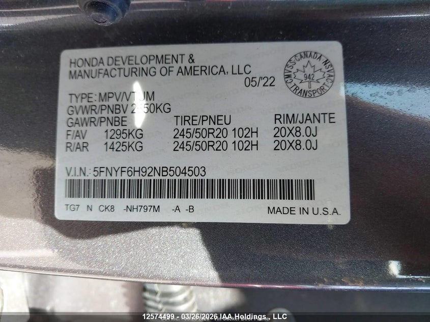 2022 Honda Pilot Touring 8P VIN: 5FNYF6H92NB504503 Lot: 12574499