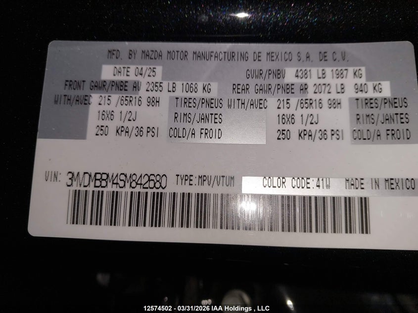 2025 Mazda Cx-30 Gx VIN: 3MVDMBBM4SM842680 Lot: 12574502
