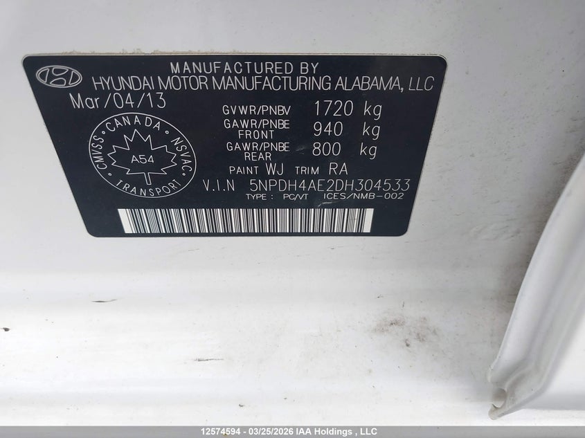 2013 Hyundai Elantra Gls/Limited VIN: 5NPDH4AE2DH304533 Lot: 12574594