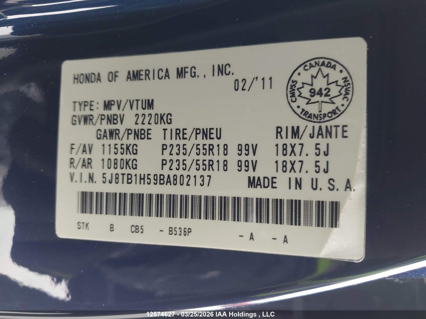 2011 Acura Rdx Technology VIN: 5J8TB1H59BA802137 Lot: 12574627