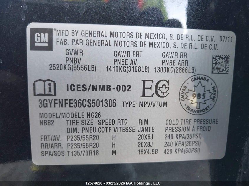 2012 Cadillac Srx Premium Collection VIN: 3GYFNFE36CS501306 Lot: 12574628