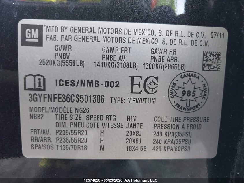 2012 Cadillac Srx Premium Collection VIN: 3GYFNFE36CS501306 Lot: 12574628