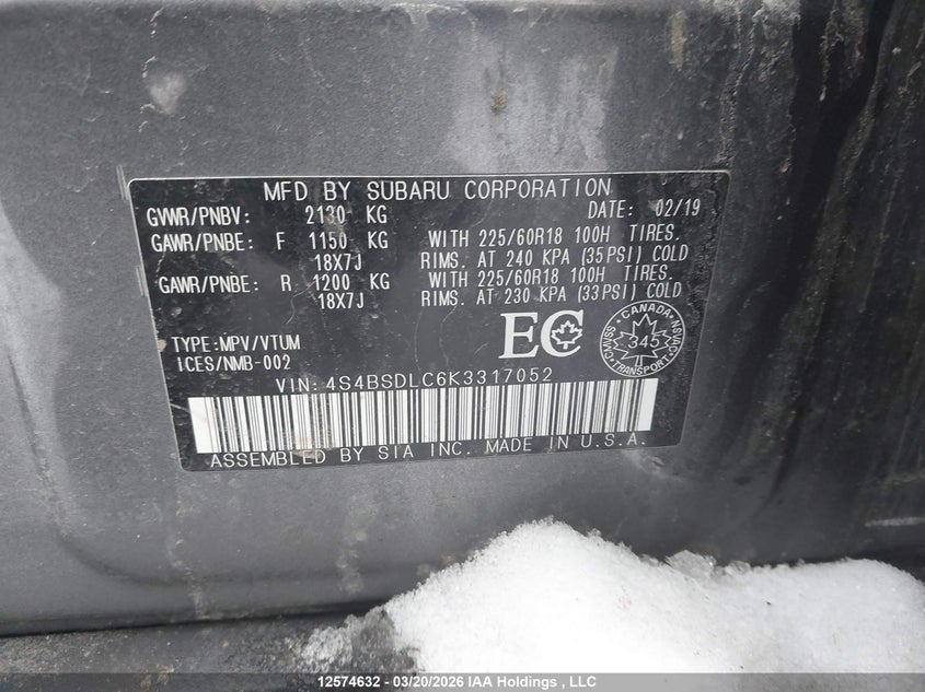 2019 Subaru Outback 2.5I Limited VIN: 4S4BSDLC6K3317052 Lot: 12574632