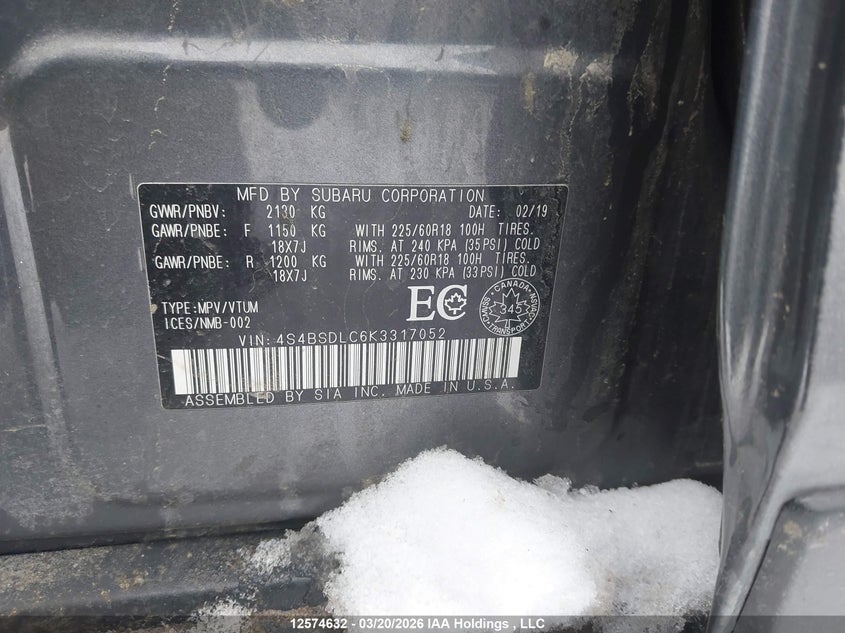 2019 Subaru Outback 2.5I Limited VIN: 4S4BSDLC6K3317052 Lot: 12574632