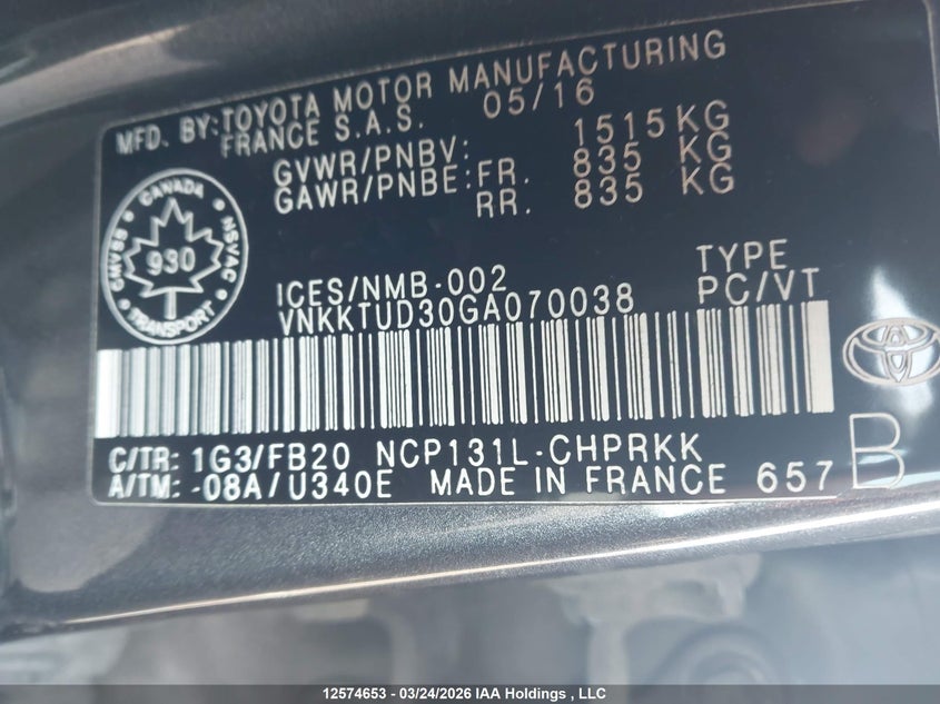 2016 Toyota Yaris L/Le/Se VIN: VNKKTUD30GA070038 Lot: 12574653