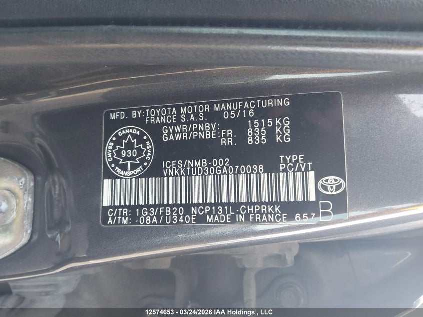 2016 Toyota Yaris L/Le/Se VIN: VNKKTUD30GA070038 Lot: 12574653