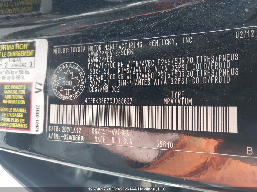 2012 Toyota Venza Base V6 VIN: 4T3BK3BB7CU068637 Lot: 12574697