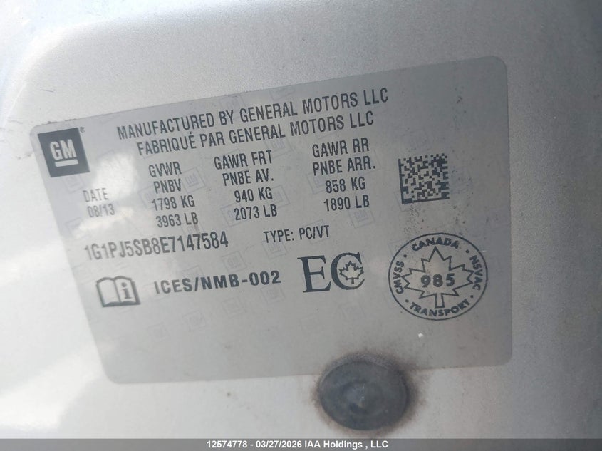 2014 Chevrolet Cruze Eco VIN: 1G1PJ5SB8E7147584 Lot: 12574778