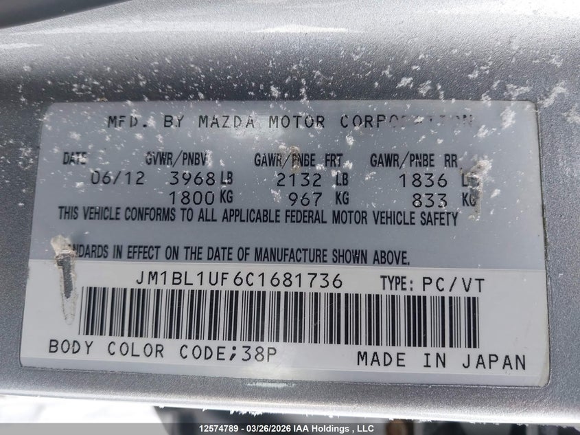 2012 Mazda 3 2.0 I Silver Lot 111012574789 Vin JM1BL1UF6C1681736