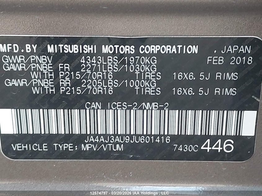 2018 Mitsubishi Rvr Se VIN: JA4AJ3AU9JU601416 Lot: 12574797
