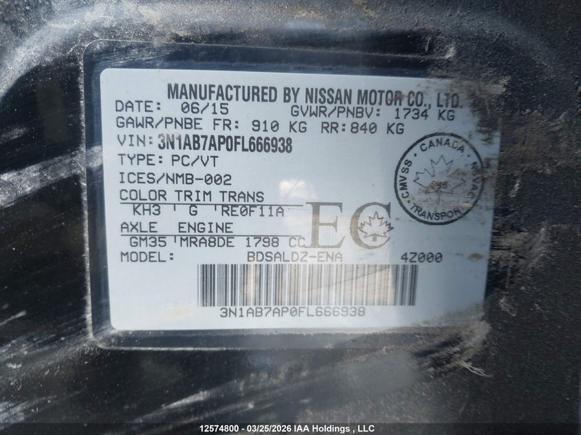 2015 Nissan Sentra 1.8 S/1.8 Sl/1.8 Sr/1.8 Sv VIN: 3N1AB7AP0FL666938 Lot: 12574800