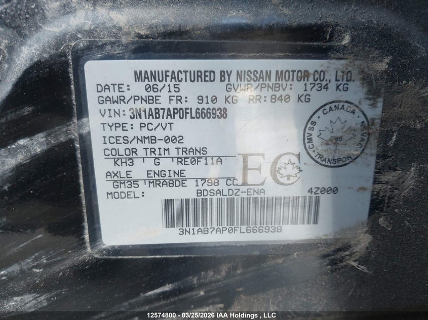 2015 Nissan Sentra 1.8 S/1.8 Sl/1.8 Sr/1.8 Sv VIN: 3N1AB7AP0FL666938 Lot: 12574800