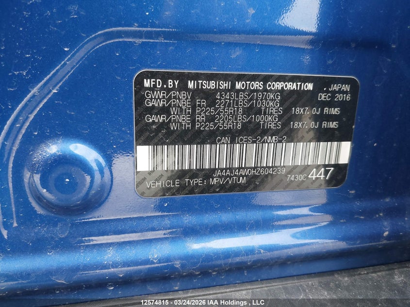 2017 Mitsubishi Rvr Se Limited/Gt VIN: JA4AJ4AW0HZ604239 Lot: 12574815