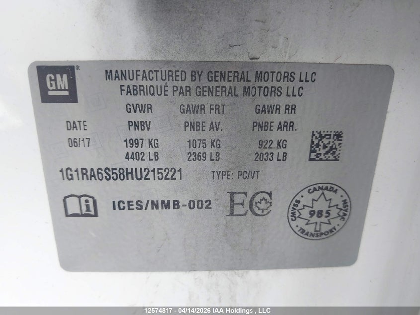 2017 Chevrolet Volt Lt VIN: 1G1RA6S58HU215221 Lot: 12574817