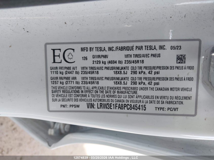 2023 Tesla Model 3 Rwd VIN: LRW3E1FA8PC845415 Lot: 12574839