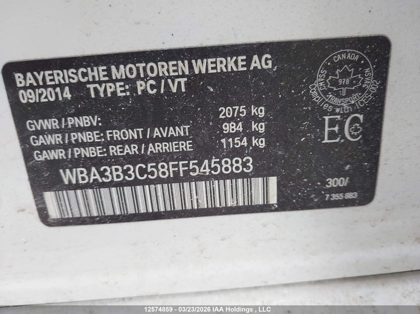 2015 BMW 328 Xi VIN: WBA3B3C58FF545883 Lot: 12574859