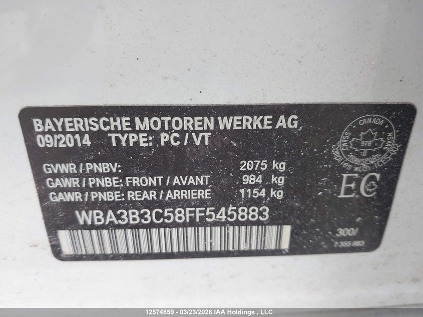 2015 BMW 328 Xi VIN: WBA3B3C58FF545883 Lot: 12574859