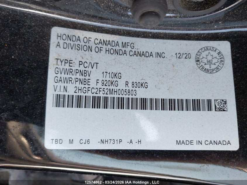 2021 HONDA CIVIC SEDAN 2.0L I-4 DOHC, VVT, 158HP