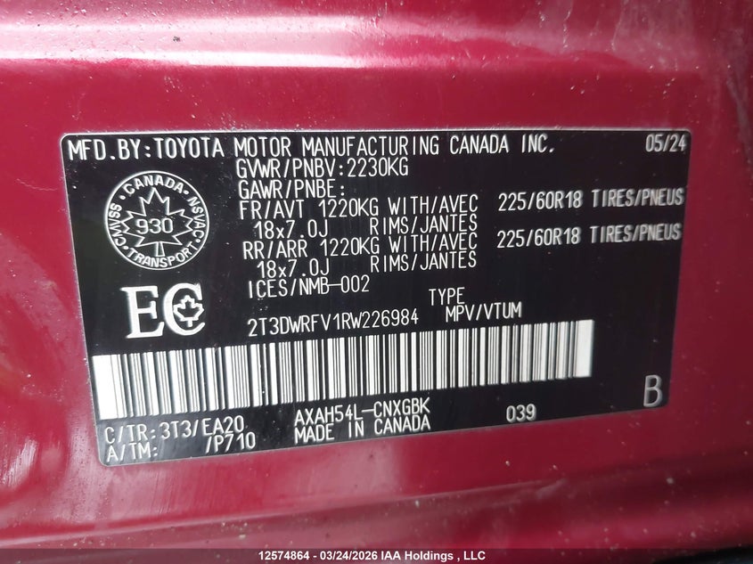 2024 Toyota Rav4 Limited VIN: 2T3DWRFV1RW226984 Lot: 12574864