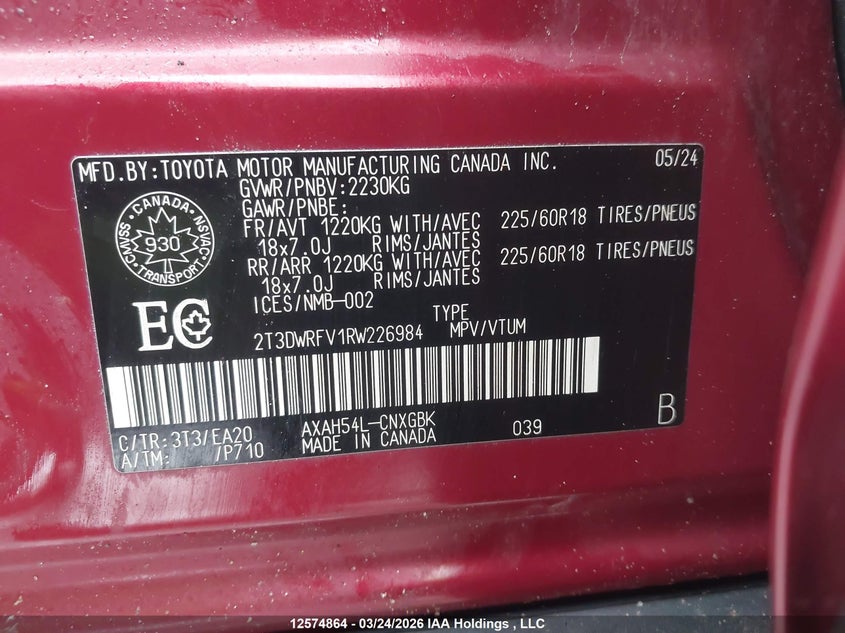 2024 Toyota Rav4 Limited VIN: 2T3DWRFV1RW226984 Lot: 12574864