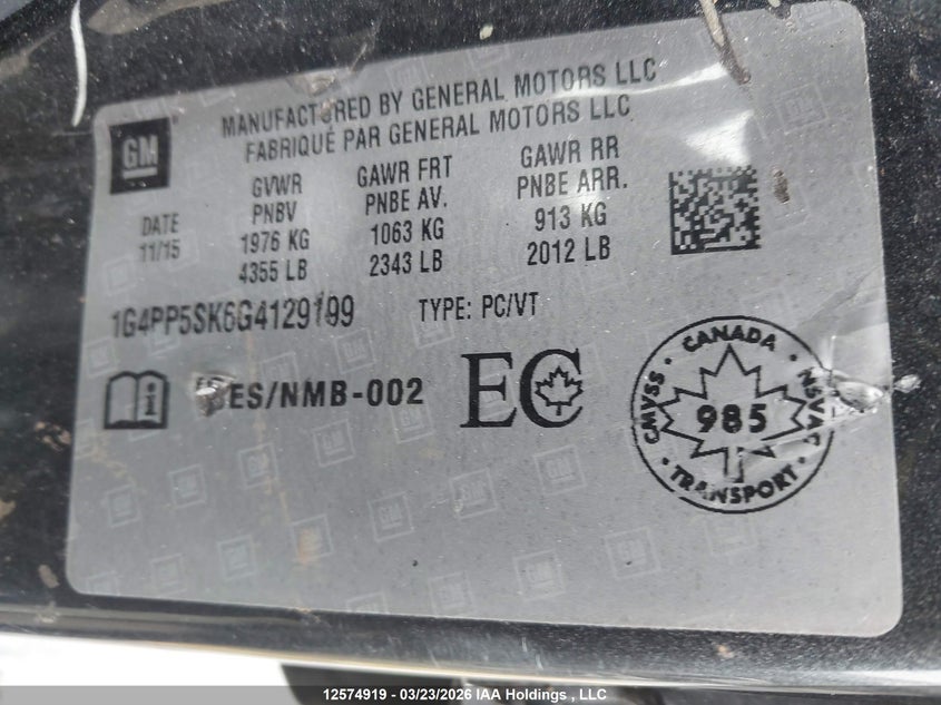 2016 Buick Verano VIN: 1G4PP5SK6G4129199 Lot: 12574919