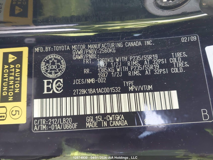 2010 Lexus Rx 350 VIN: 2T2BK1BA1AC001532 Lot: 12574930