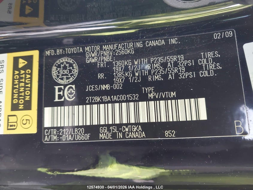 2010 Lexus Rx 350 VIN: 2T2BK1BA1AC001532 Lot: 12574930