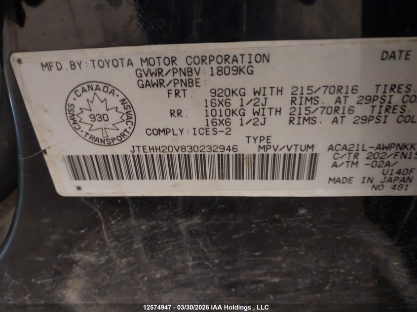 2003 Toyota Rav4 VIN: JTEHH20V830232946 Lot: 12574947